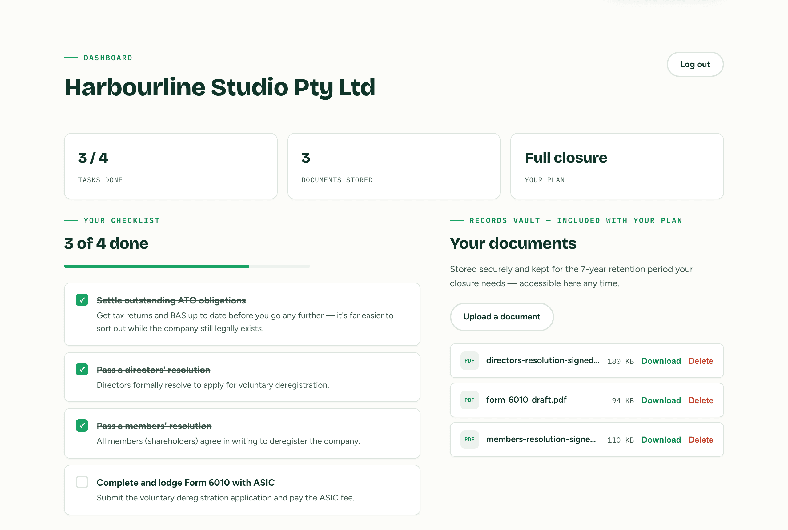 The WindItDown dashboard, showing a closure checklist and stored documents